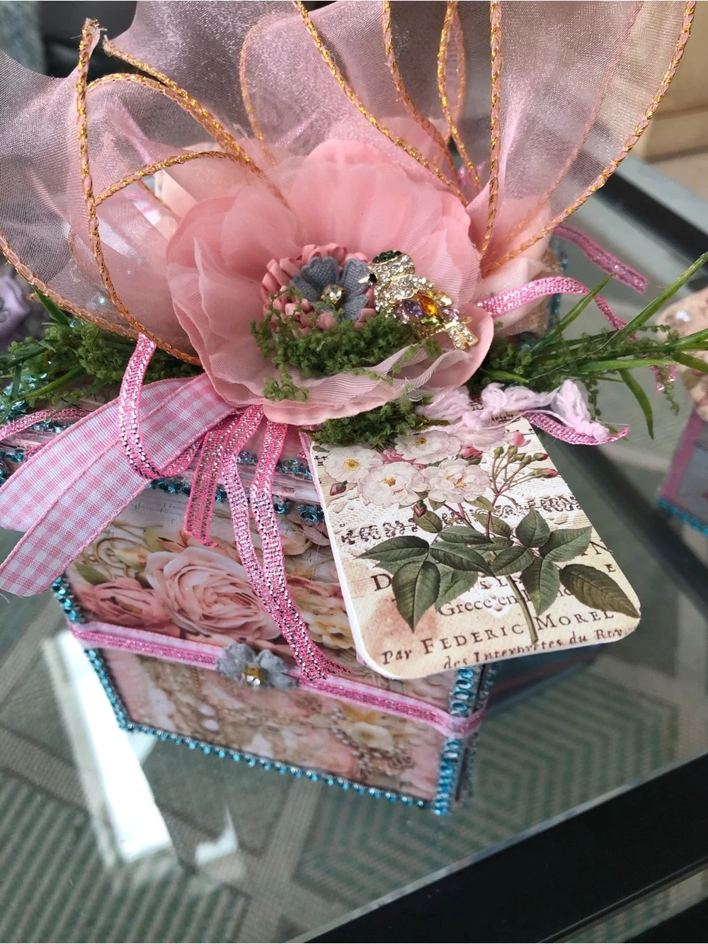 Hand Crafted Pink Floral Decor Gift Boxes with Blue Trim - Picture 3 of 14